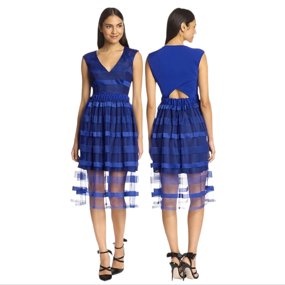 A.B.S. by Allen Schwartz Women's V-Neck Dress with Striped Net Overlay 6